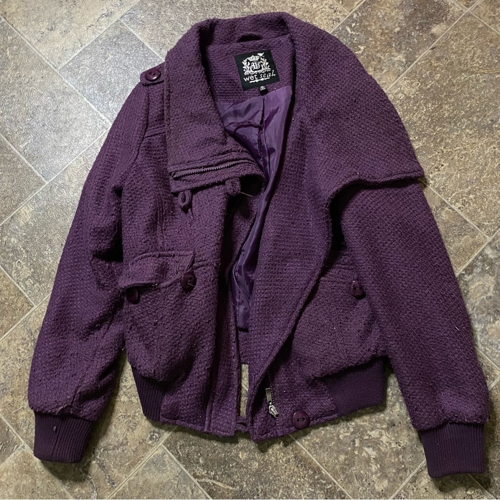 Purple Zippered High Neck Knitted Jacket